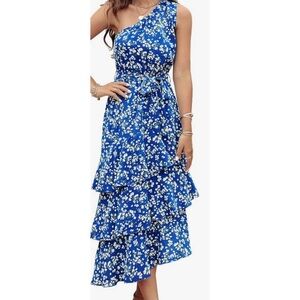 Floral Blue One-Shoulder Dress